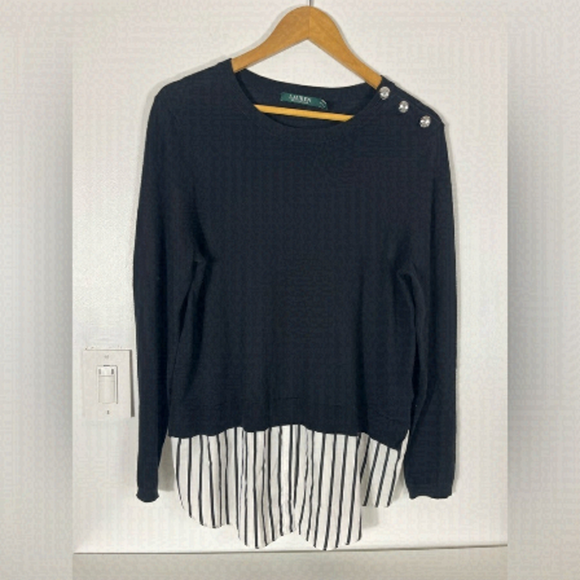 LAUREN Ralph Lauren Top Tunic Style Black/White 3 Silver Buttons Petite Large - Picture 1 of 9